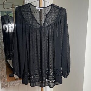 NWOT DR2 Sheer Black Lace Yoke Long-Sleeve Blouse, M
